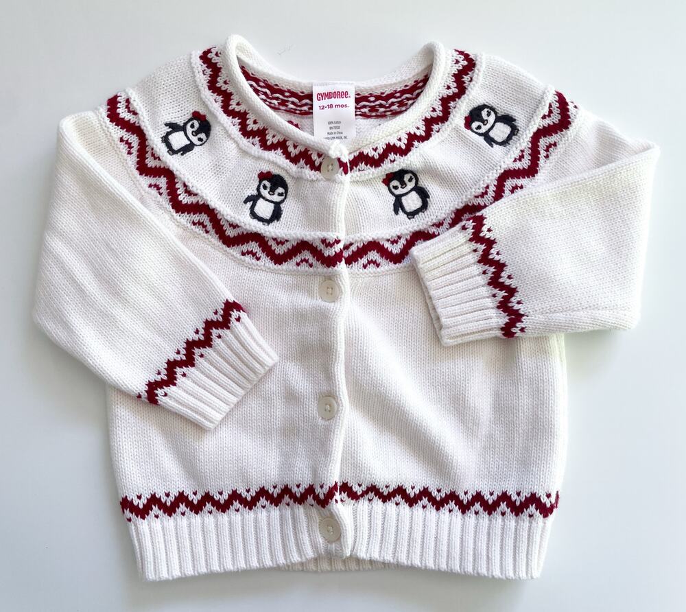 Gymboree Toddler Girl's White and Red Holiday Penguin Cardigan Size 12-18 Months